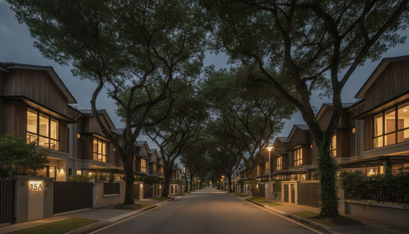 District 15 landed homes along a quiet residential street at dusk