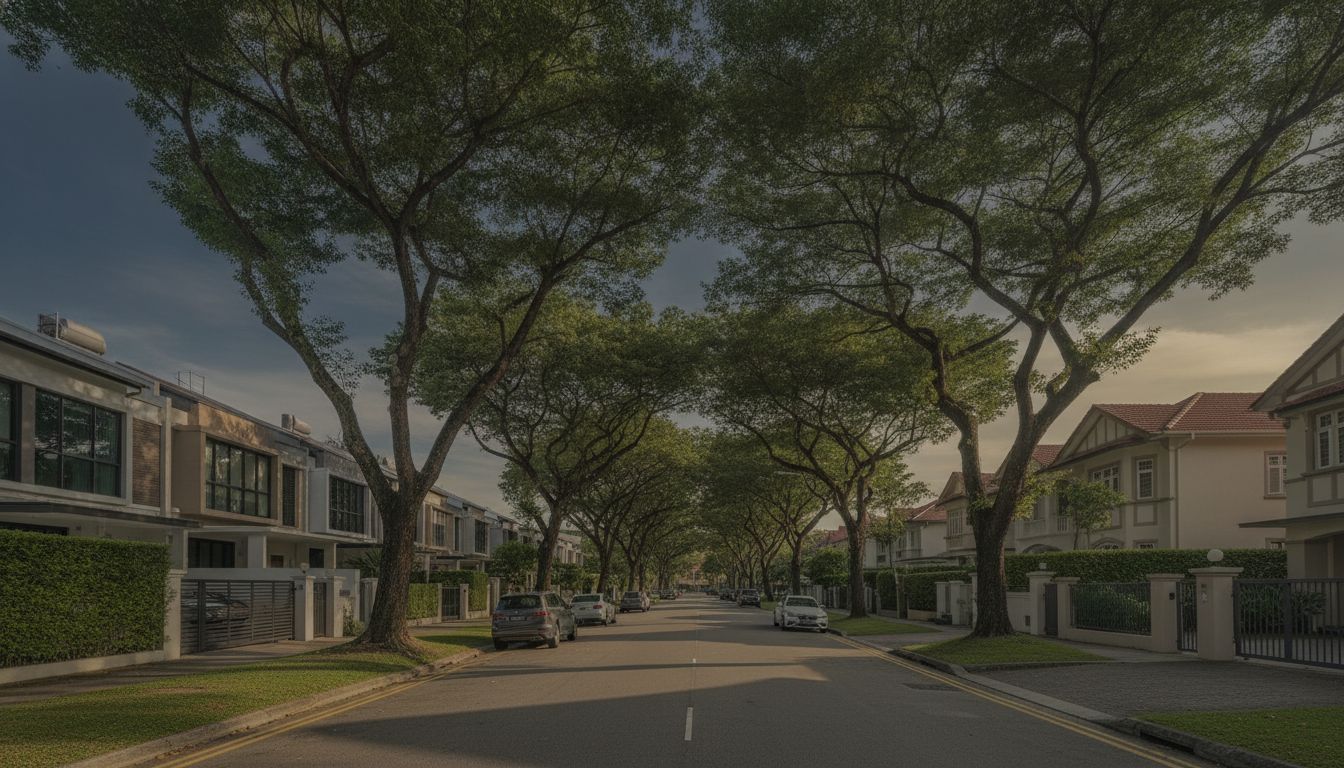 District 15 landed homes along a quiet tree-lined street
