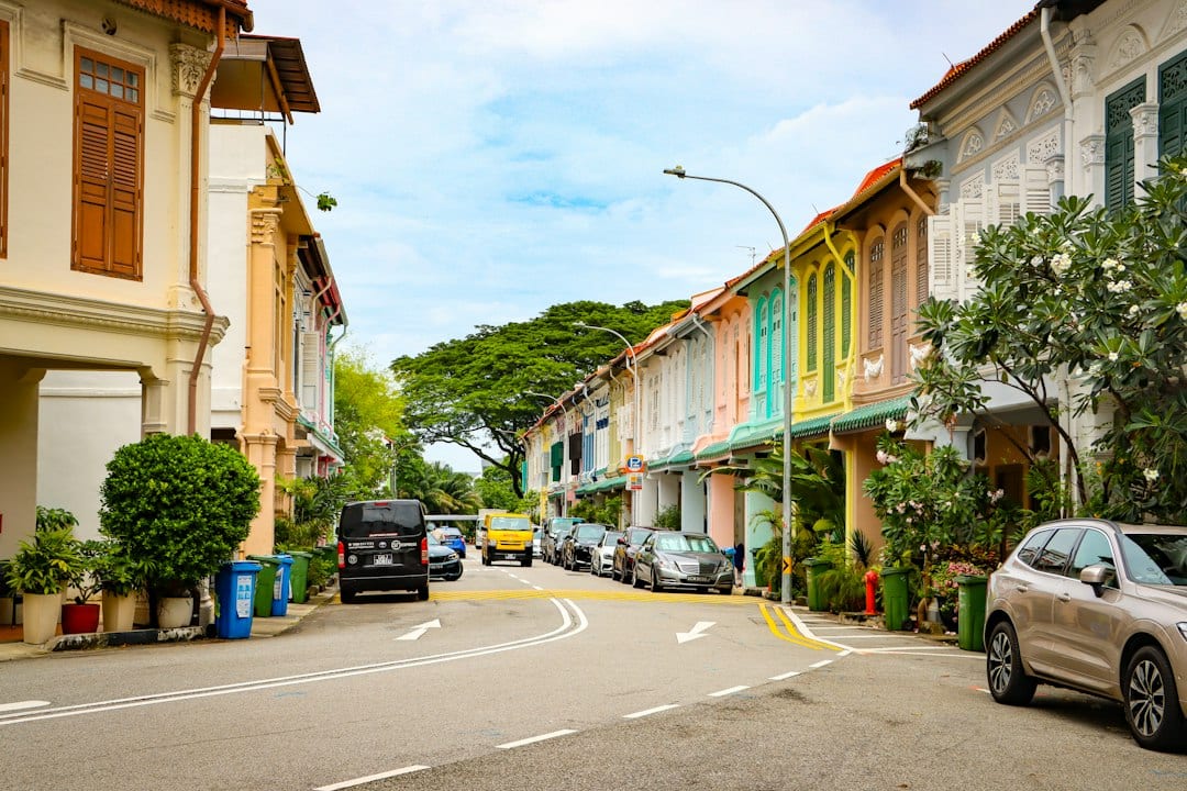 Colourful conserved shophouses along a Katong street in District 15, Singapore